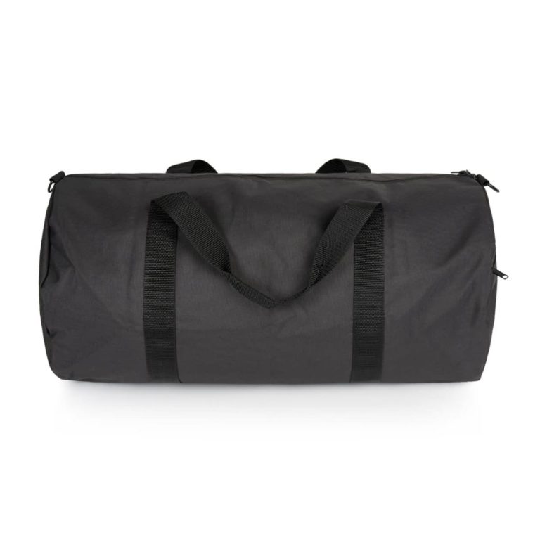A black duffel bag with sturdy handles and zippers, featuring a simple design and a logo.