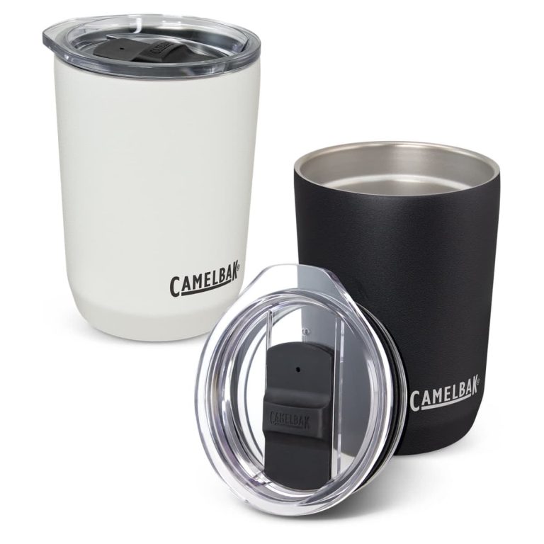 A drink bottle set featuring a white and a black 350ml CamelBak Horizon Vacuum Tumbler with lids.