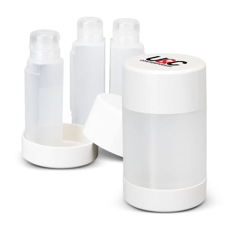 A travel bottle set featuring two transparent bottles and a container, all with white caps. Includes a branding logo.