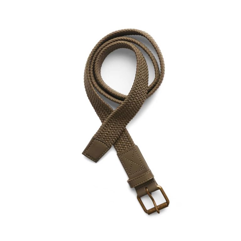 A woven mesh belt in khaki with a metal buckle, featuring a leather accent and a textured design.