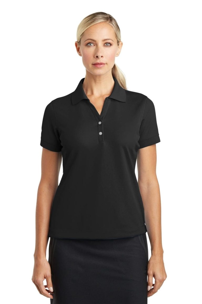 A black polo shirt designed for ladies, featuring a collar and buttons, with an attached logo.