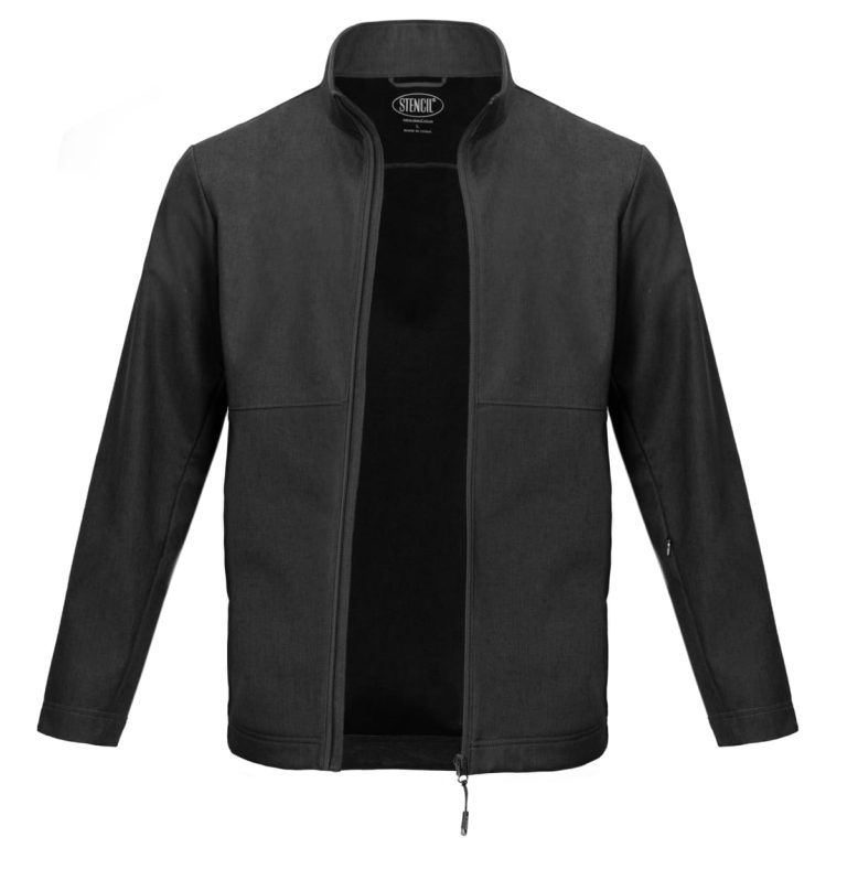A black men's jacket with a zip front and two front pockets, featuring a collar and branding inside.