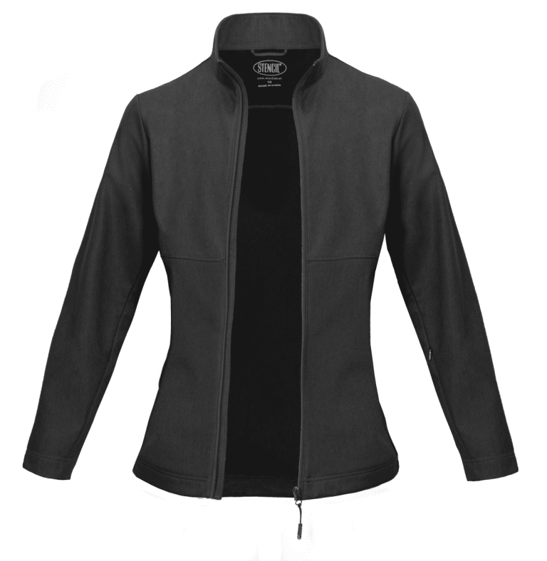 A black ladies' jacket with a zippered front and a high collar, featuring faint branding.