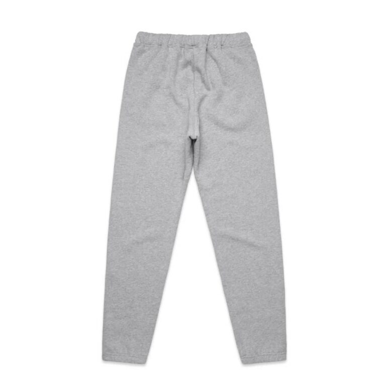 Grey track pants with an elastic waistband and a fitted design. Features a logo on the waistband.