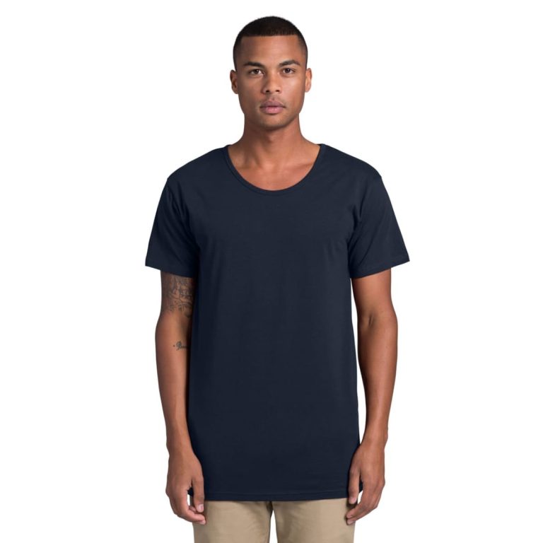 A navy blue t-shirt featuring a round neckline and short sleeves, on a male model. The shirt has a logo.