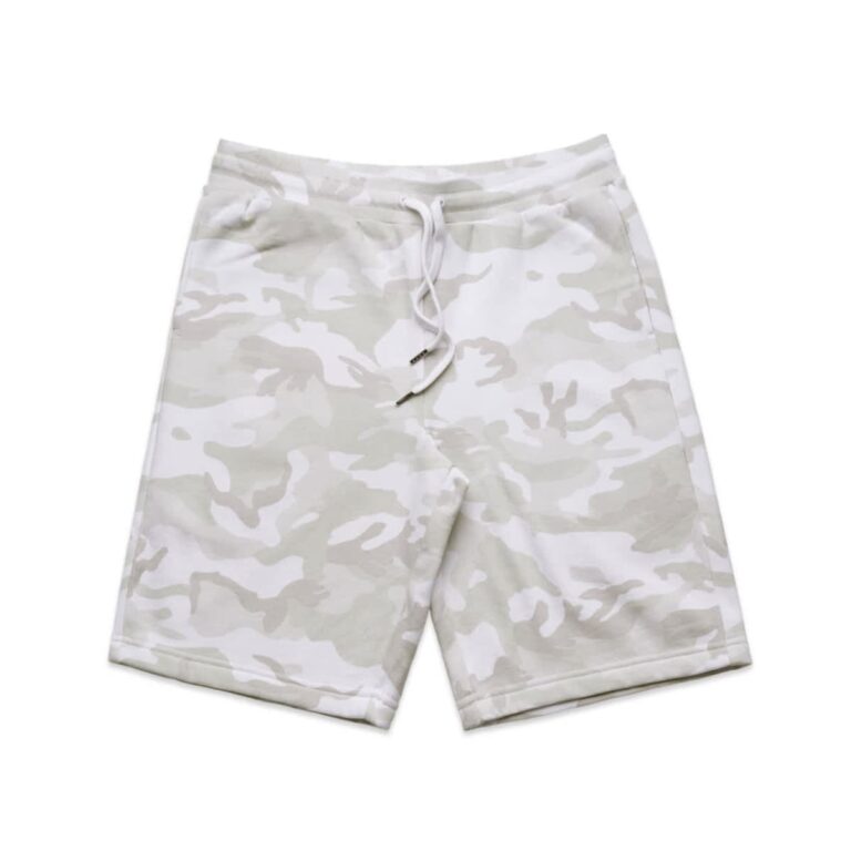 A pair of grey and white camo sports shorts with an elastic waistband and drawstring detailing.