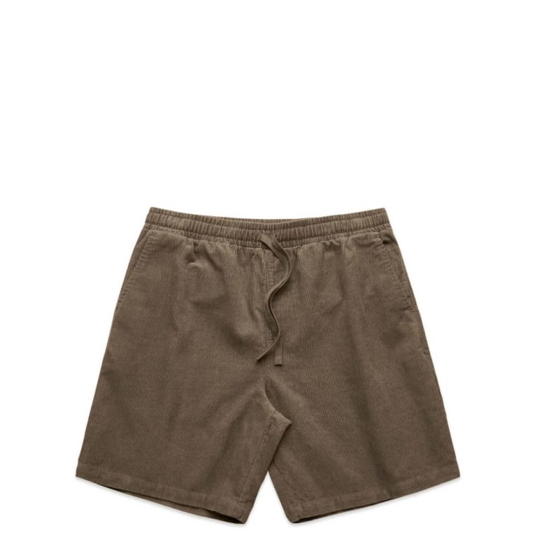 A pair of brown cord shorts with an elastic waistband and drawstring detail. Features a logo on the waistband.