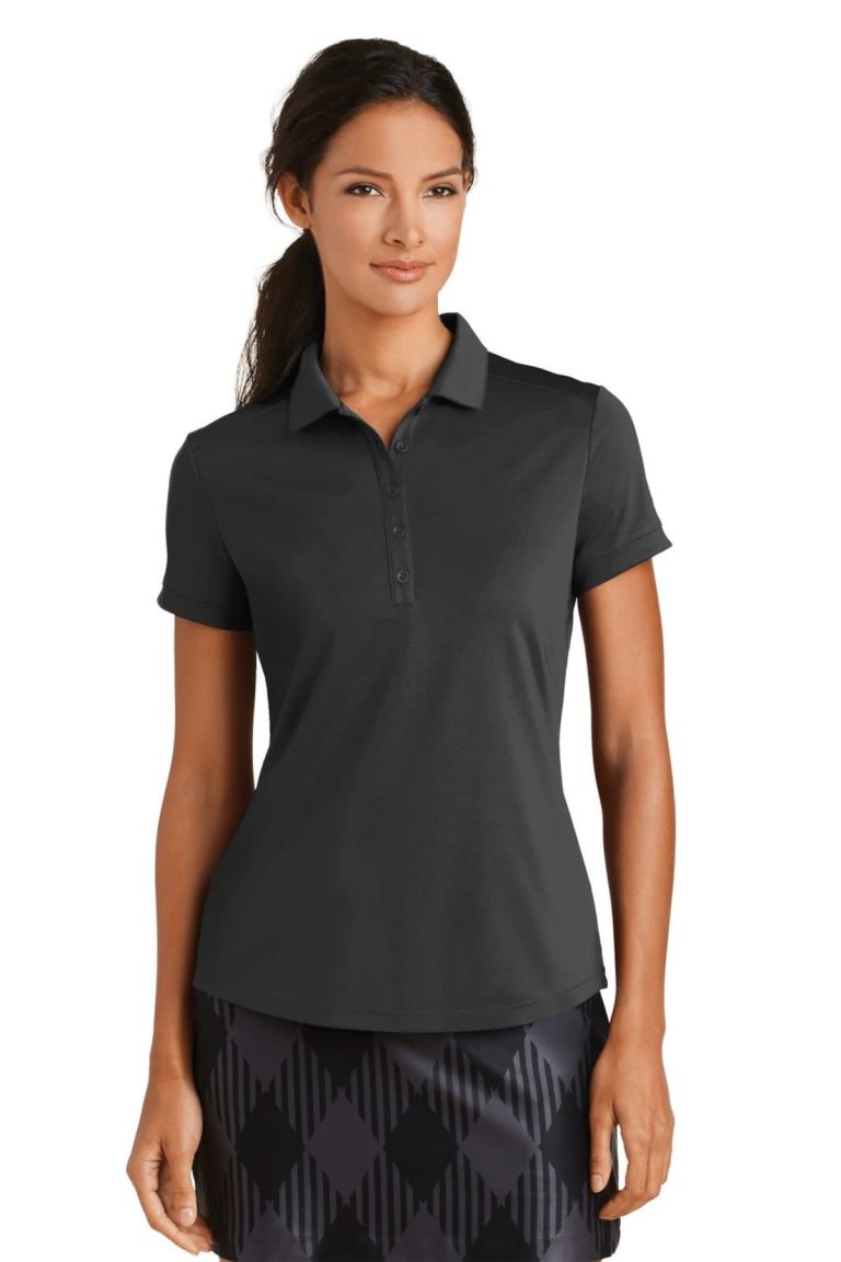 A dark grey polo shirt featuring a collar and short sleeves, with a fitted design and a logo.