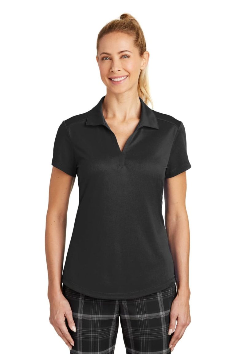 A black Nike Ladies Dri-FIT Legacy Polo shirt with a collared neck and short sleeves, featuring a logo.