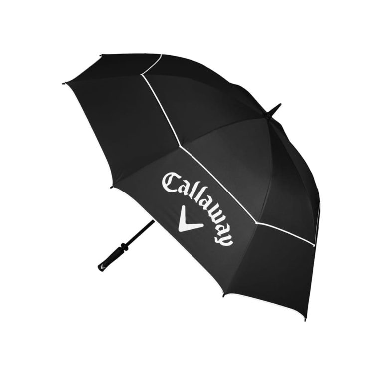 A large black golf umbrella featuring a white logo and accent details.