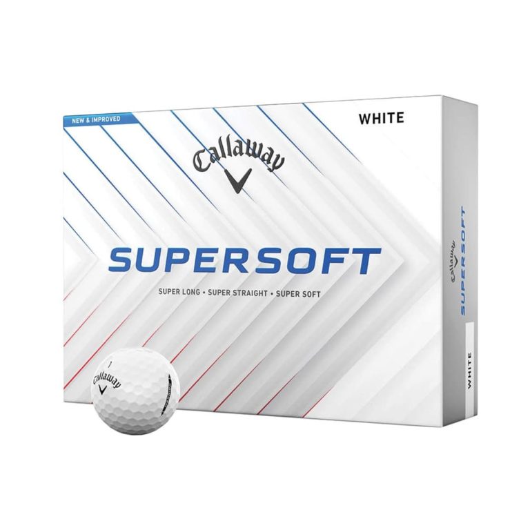 A box containing three white Callaway Supersoft golf balls, featuring a branding logo on the packaging.