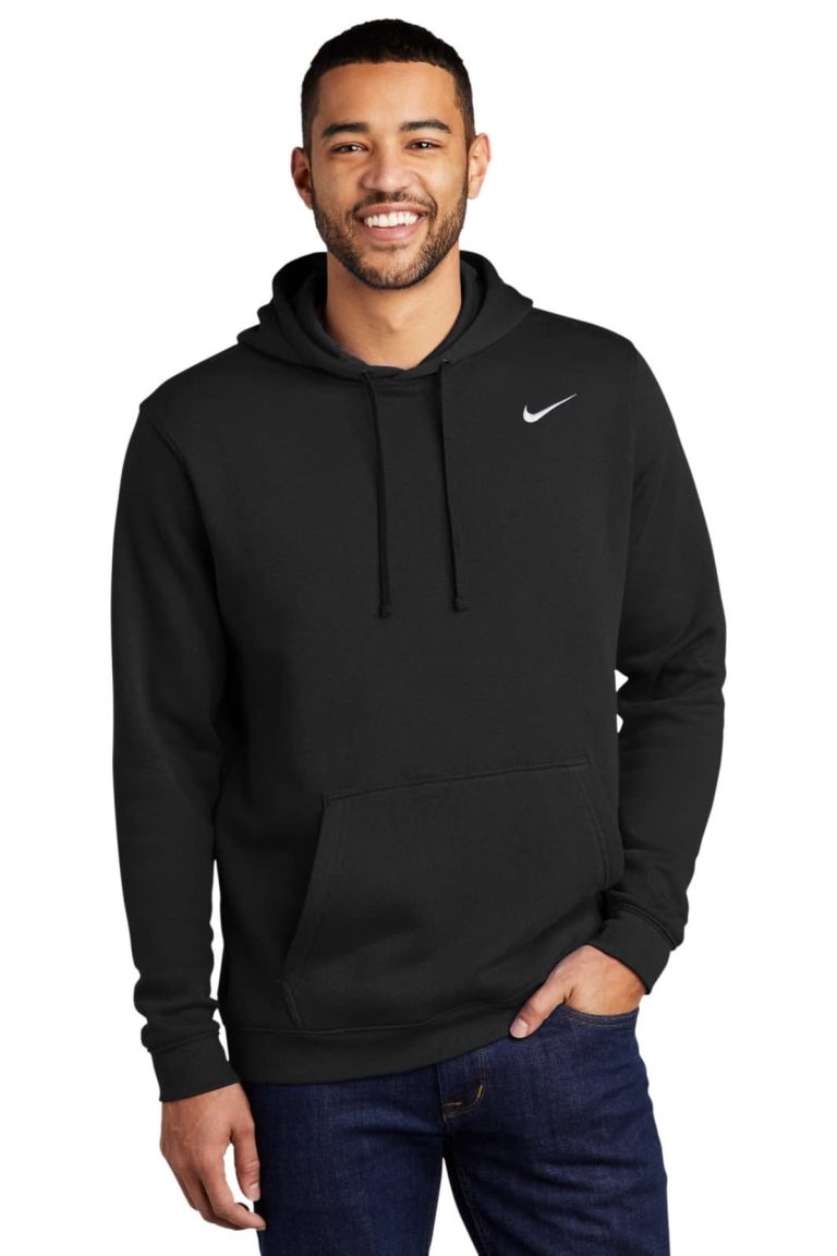 A black Nike Club Fleece pullover hoodie with a front pocket and a drawstring hood, featuring a logo.