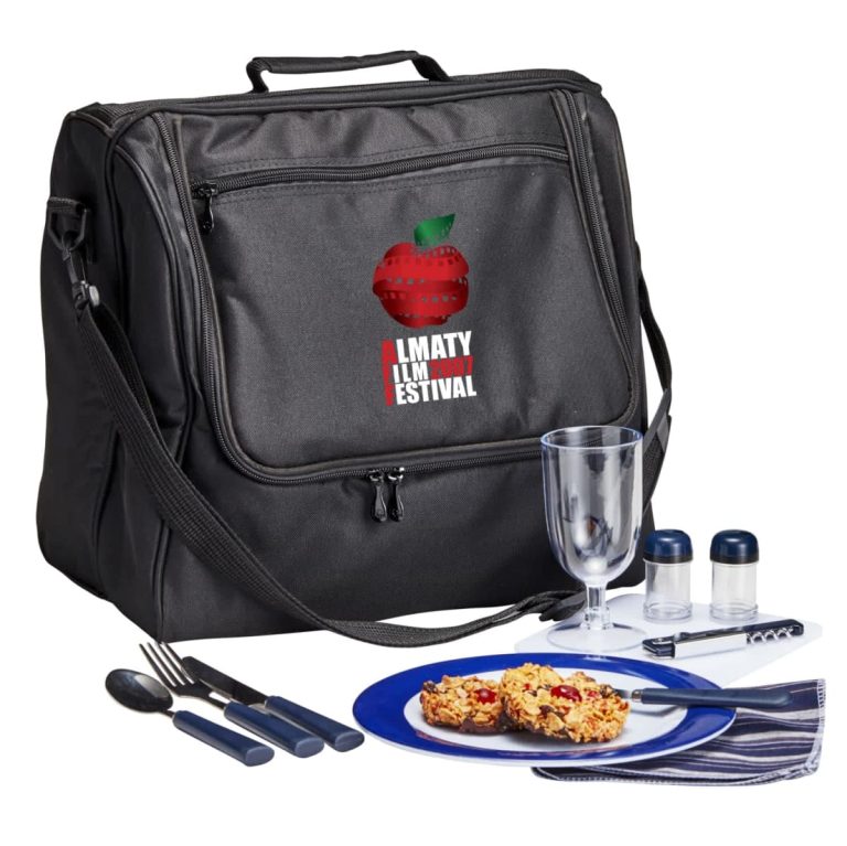 A black picnic basket set includes utensils, a drink glass, condiment containers, and a blue plate with food.