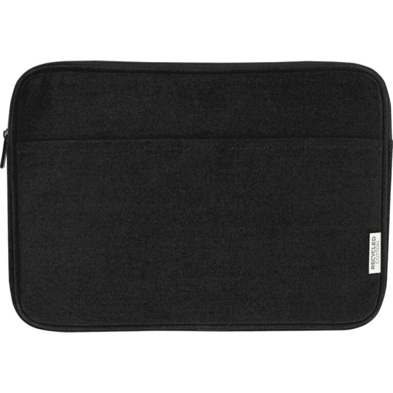 A black recycled canvas laptop sleeve with a zip closure and branding.