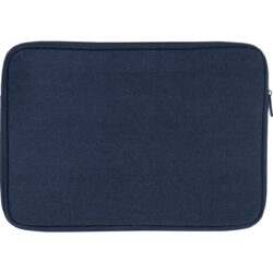 A navy blue laptop sleeve made from recycled canvas, featuring a zip closure and a minimalistic design.