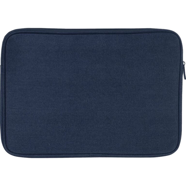 A navy blue laptop sleeve made from recycled canvas, featuring a zip closure and a minimalistic design.