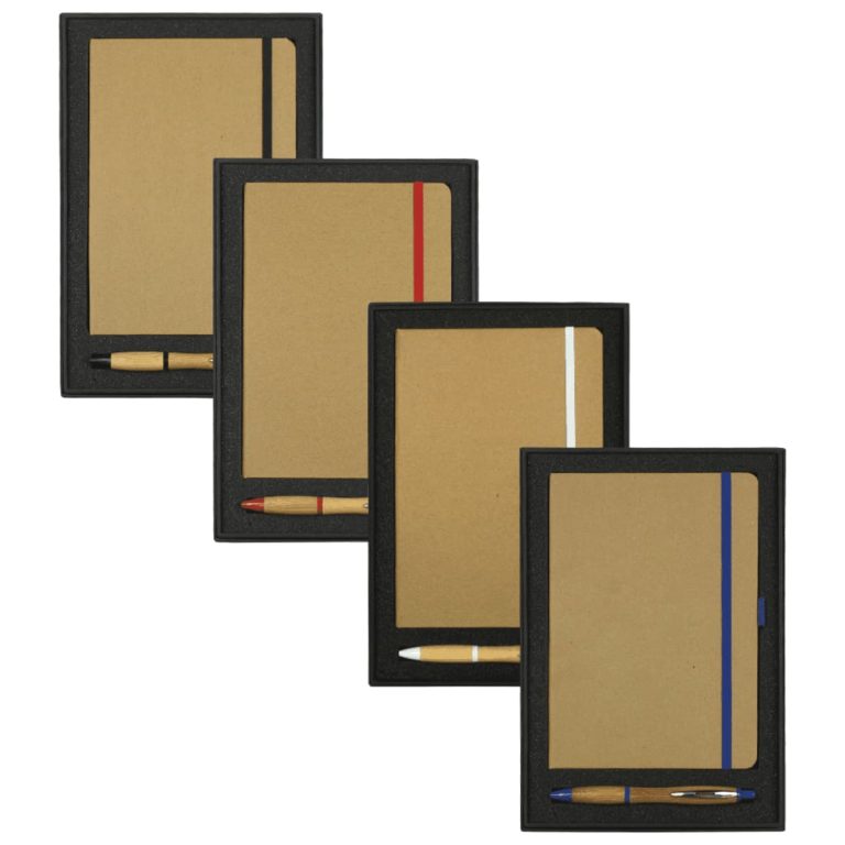 A collection of four JB1022 Colour Bound Journals in black with bamboo pens, featuring red, white, and blue accents.