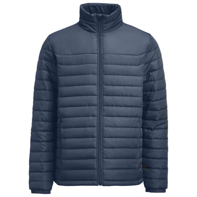 A navy blue padded jacket with a zip front and high collar, featuring a logo on one side.