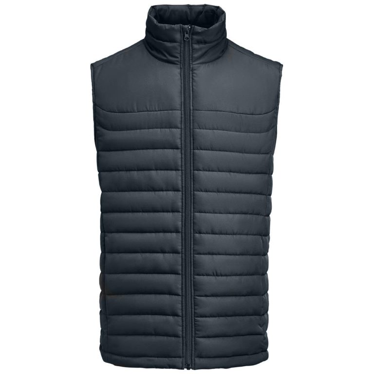 A dark grey men's padded vest with a high collar and vertical stitching, featuring a front zip closure and brand logo.