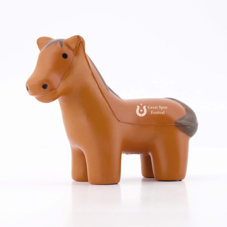 A brown horse-shaped stress reliever with a smooth finish, featuring a logo on its side.