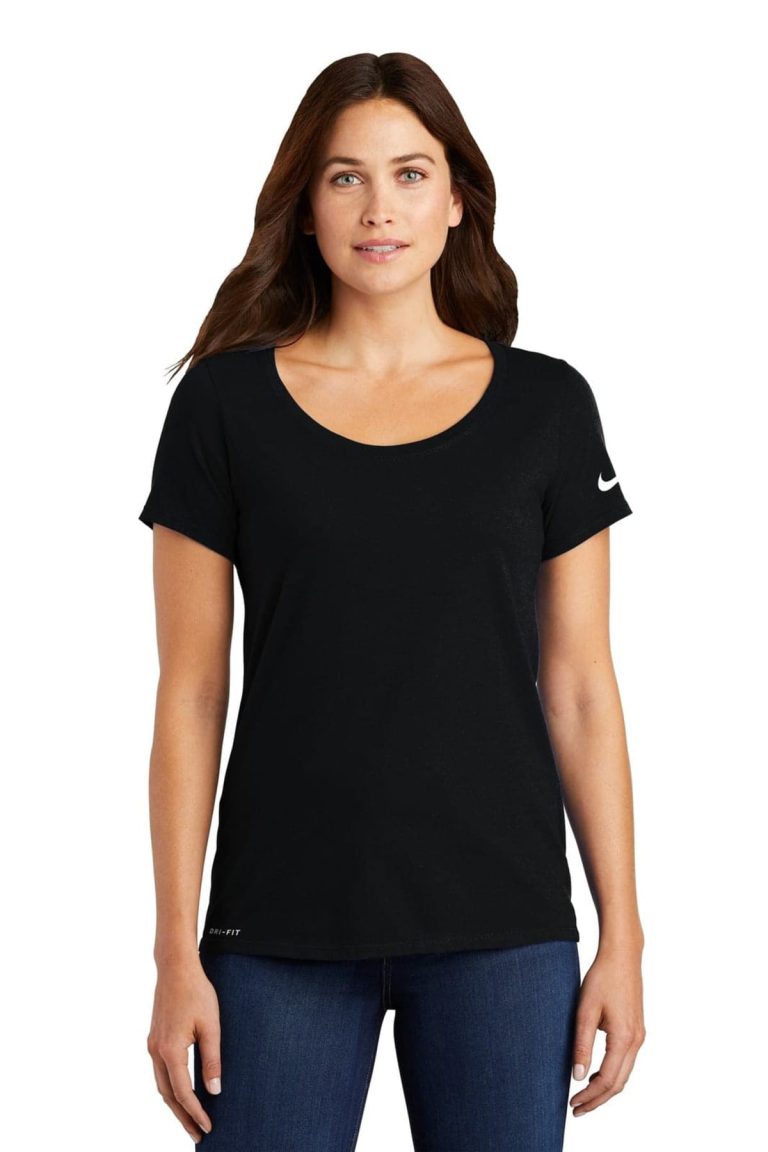 A black Nike ladies' Dri-FIT cotton/poly scoop neck tee featuring a logo on one sleeve.