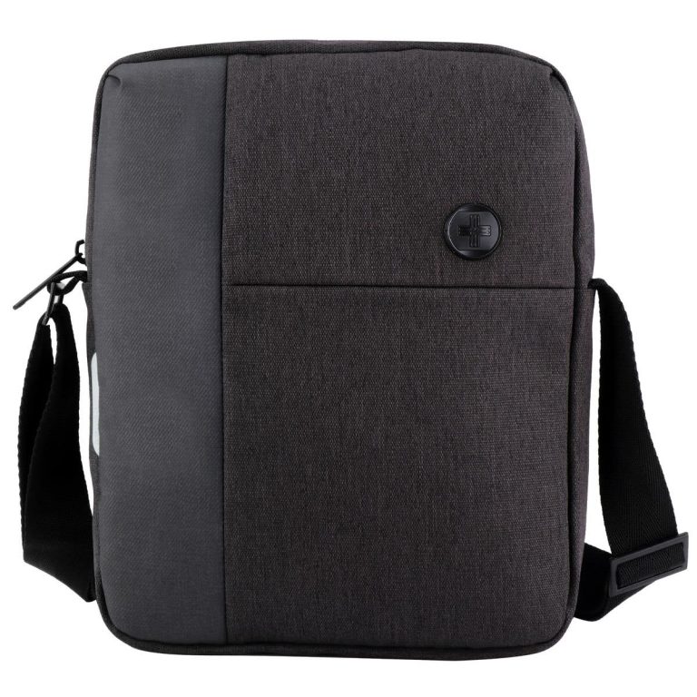 A dark grey shoulder bag with a textured panel and a logo on the front, featuring an adjustable strap.
