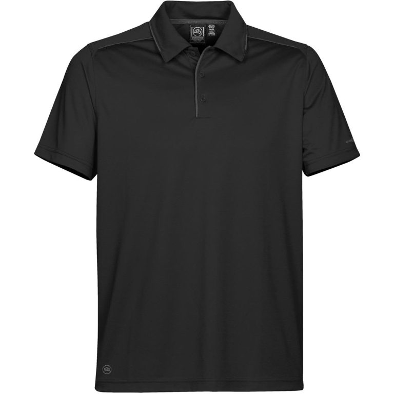 A black Men's Inertia Sport Polo shirt with a collar and a logo. Made from breathable fabric.